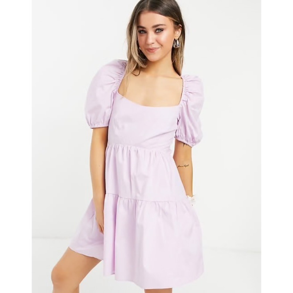 BARDOT Lavender Puff Sleeve Tiered‎ Mini Dress Open Back Wedding Guest Size 6 SM